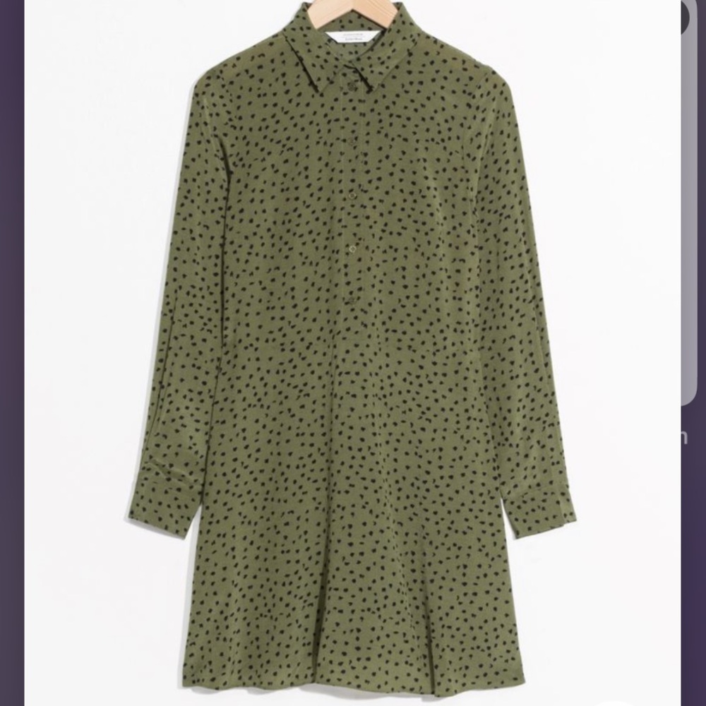 & Other Stories Olive Green Polka Dot Patterned Button Up Shirt Dress Size 2 (I)